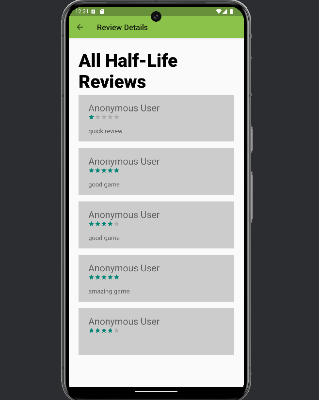 Snapshot of Arcadium; features the review page that displays
                    all of the reviews for a specified game