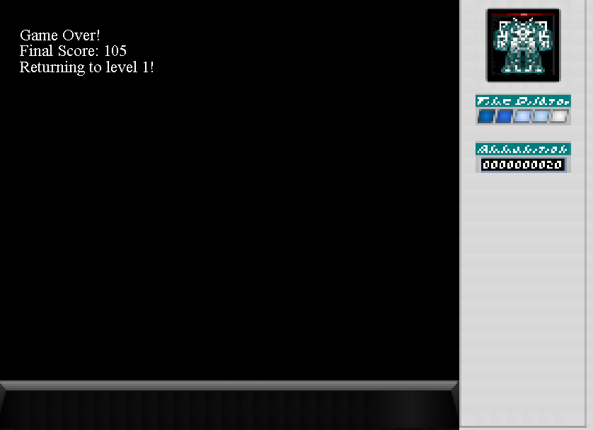 Snapshot of Mech Shooter; features the game over
                    screen